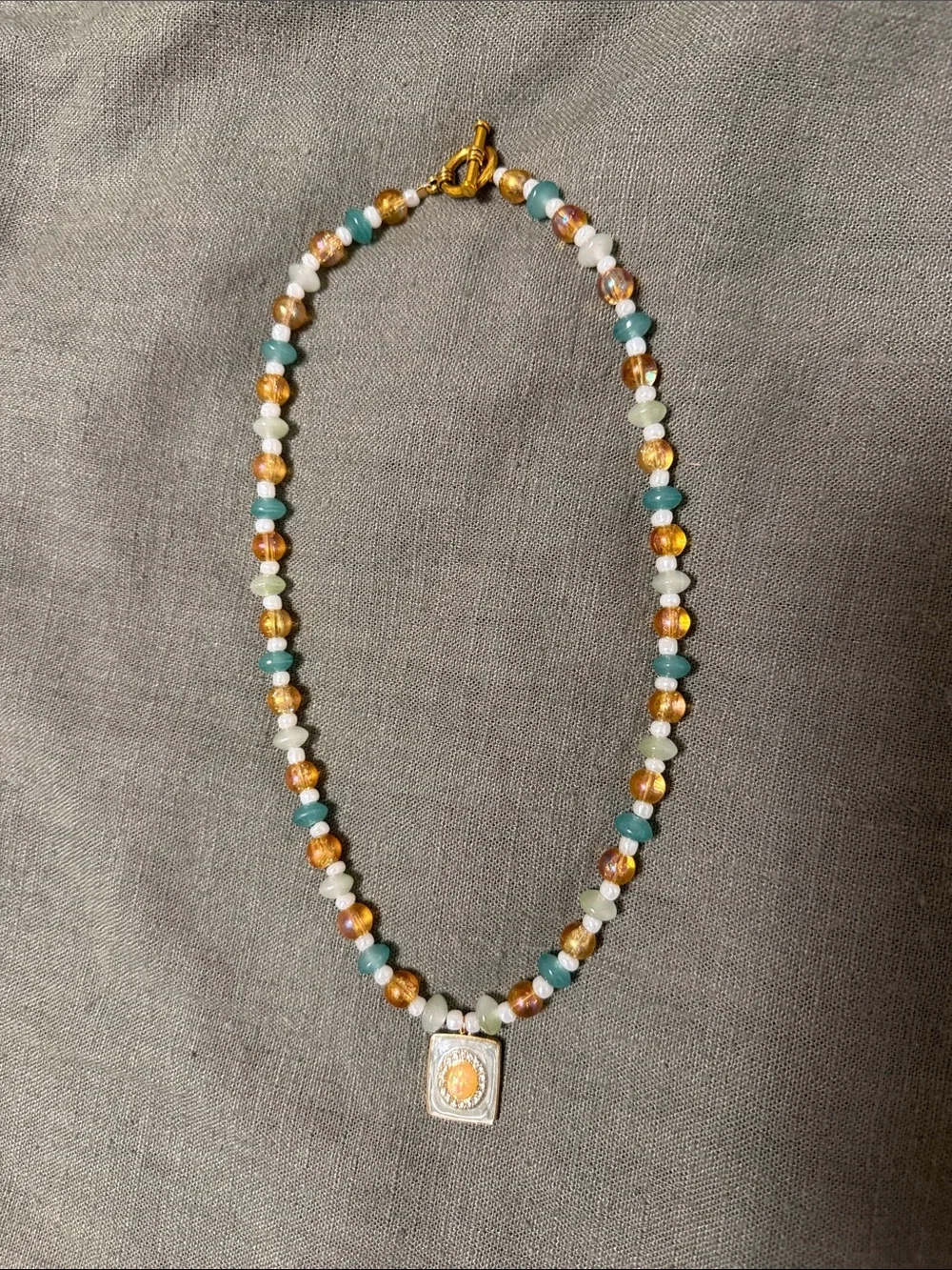 Gold & Aqua Beaded Pendant Necklace